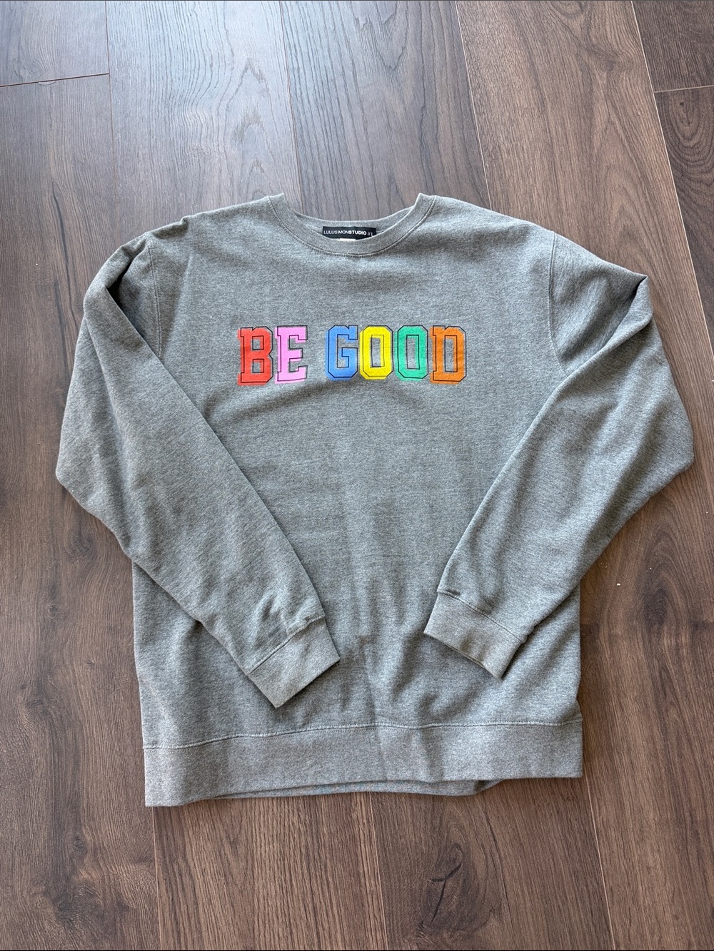 Vici Grey Crewneck Sweatshirt with Multicolor "BE GOOD" Embroidery